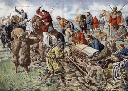 Paris Pekin raid: in Mongolia, Mongolian horsemen removing from a marsh a car, illustration from french newspaper "Le Petit Journal" july 14, 1907