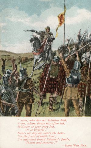 Scene from Robert Burns' poem Scots Wha Hae (colour litho)