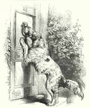 Dog knocking on door (engraving)