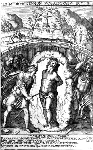 martyrdom of Saint Polycarpe (?-167?) bishop of Smyrne : on the stake, the executioner pierce him with a sword, engraving