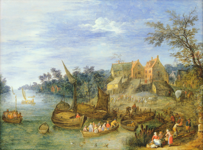 River landscape with boats by a village and figures on the riverbank (oil on copper)