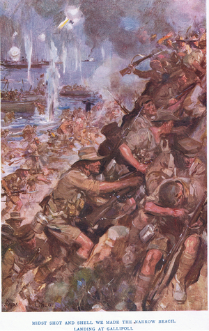 Landing at Gallipoli. Midst shot and shell we made the narrow beach (colour litho)