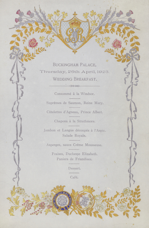 Menu for the wedding breakfast of Prince Albert, Duke of York, Buckinham Palace, 26 April 1923 (colour litho)