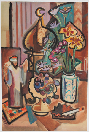 Untitled (Still Life - Flowers right, man {Jesus?} left) (oil wash on wove paper)