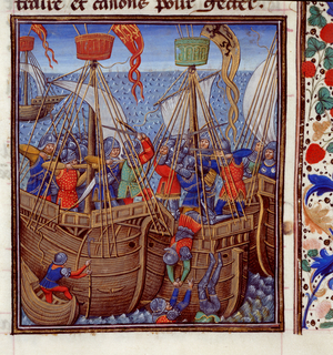Royal 14 E. IV, f.276 The Battle of Sluys, illustration from the 'Chronique d'Angleterre' (vellum)