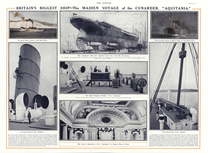 Maiden voyage of the Cunard liner Aquitania, 1914 (colour litho)