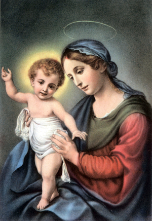 Set of biblical educational postcards in the 50's , made after Italian Fine Arts : here after "Virgin and Child" by Dolci