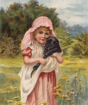 Girl with a puppy (chromolitho)