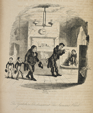 Illustration with the title 'the Yorkshire schoolmaster at the 'Saracen's Head'.