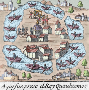 Conquest of Mexico. The place where Cuauhtemoc was prisoner. Colored engraving.