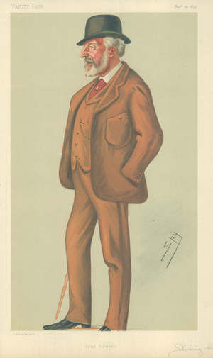 Mr William Stuart Stirling-Crawfurd, Gang forward, 22 November 1879, Vanity Fair cartoon (colour litho)