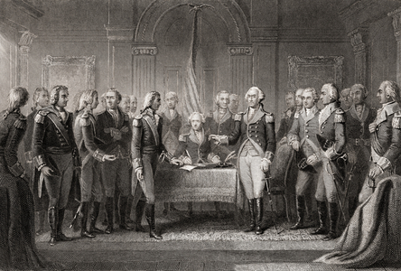 Interview of Howes messenger with Washington 1776.  From a 19th century print engraved by Joseph Stancliffe after M A Wageman