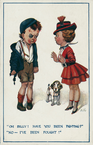Girl remonstrating with a boy who has been fighting (colour litho)
