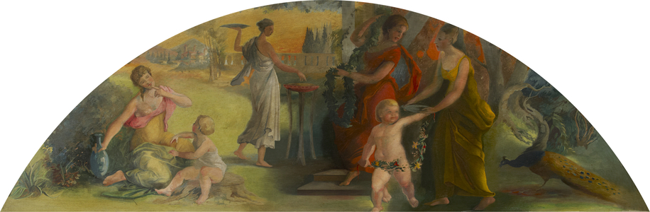 Maidens with Putti, Drinking, Dancing and Sacrificing and a Peacock (oil on canvas)