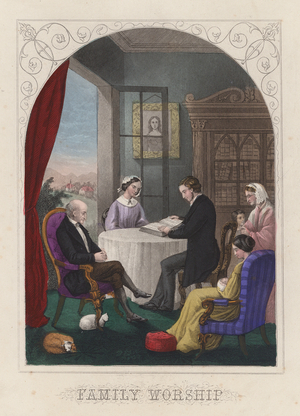 Family worship (coloured engraving)