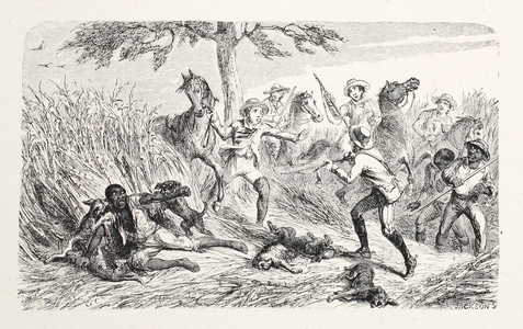 "Scipio Hunted, "As Men Hunt a Deer!'", illustration from Uncle Tom's Cabin, published 1853 (coloured engraving)