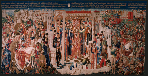 Flemish tapestry. Series Unknown. Roman history? Tarquinius Priscus (Tarquino Prisco). Manufacture Brussels' workshops?. Ca 1475. Fabric Wool and silk, 6 warps per cm. Origin A donation of Count Alba de Aliste, it arrived at the cathedral in 1608. ; Location Cathedral of Zamora. On display at Cathedral Museum.