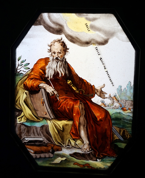 Stained glass window depicting the Building of the Tower of Babel