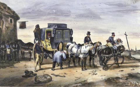A carriage parked outside an inn (colour litho)