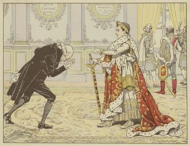 On the morning of his coronation, perceiving the notary of Josephine, Napoleon said to him, laughing: "Well, Maitre Ragideau, here is the cloak! And here is the sword!" (colour litho)