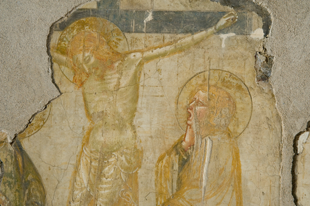 Jesus Christ crucified, Our Lady of Sorrows, Saint John the Baptist, Saint Clare of Assisi, Saint Anthony of Padua, Saint Francis of Assisi, Saint Ludwig of Toulouse (detail), c.1340-1360 (fresco)