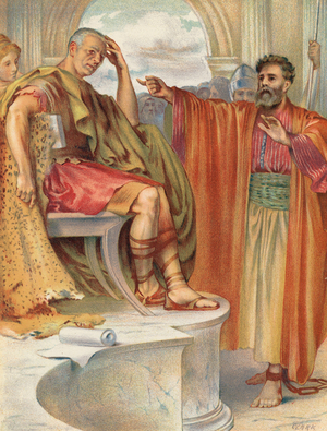 St Paul before Agrippa, Acts, XXVI, 1-29 (colour litho)