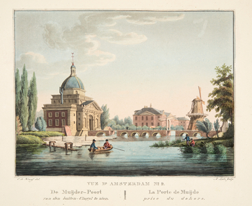 Vue d'Amsterdam No.9. De Muijder-Poort ran den buiten-Cingel te zien. La Porte de Muijde prise du dehors, 1825 (hand-coloured engraving)