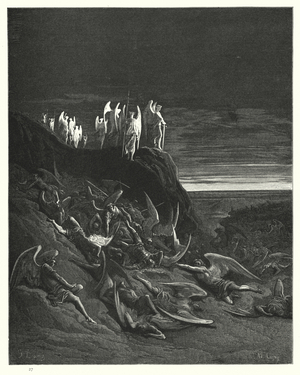 Illustration by Gustave Dore for Milton's Paradise Lost, Book VI, lines 410-412 (engraving)