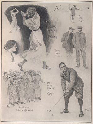 Various illustrations showing people playing golf: Miss Celia Leitch driving; A case for the referee; Vardon and Braid interested; Mr M.H. Hilton, a Mashie shot; and, Miss Leitch holes a difficult putt.