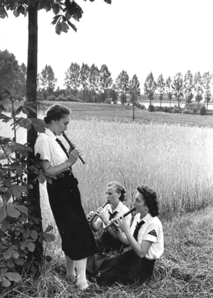 BDM members playing recorders (b/w photo)