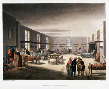 Women's ward in the Middlesex Hospital, London. From The Microcosm of London, Ackermann, London, 1808 -11. Illustrated by Pugin and Rowlandson. Aquatint