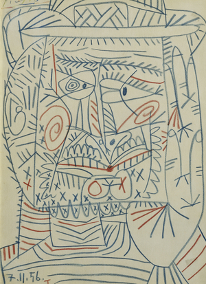 Man's Head in a Hat; Tete d'Homme au Chapeau, 1956 (coloured crayons on paper laid down on canvas)