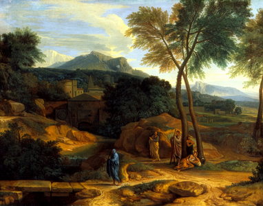 Mountainous landscape with five figures (oil on canvas)