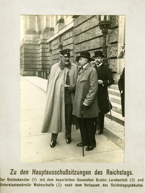 Theobald von Bethmann-Hollweg leaving the Reichstag in Berlin, December 1916 (b/w photo)
