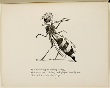 Wasp playing the flute From a collection of poems and songs by Edward Lear. Illustration. Animals.