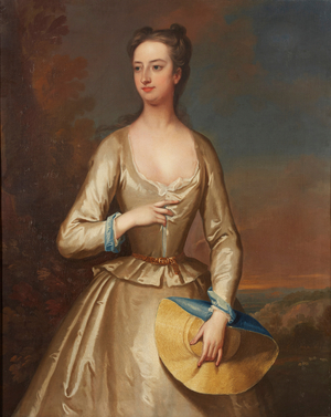 Three quarter length portrait of a lady in white holding a straw bonnet (oil on canvas)