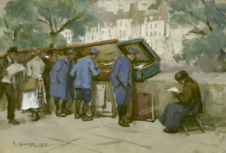 French soldiers and Bouquinistes along the Seine, 1917 (w/c on light grey paper) 