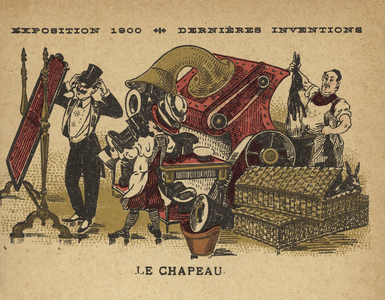 Exposition 1900, Latest Inventions, Hat-making Machine (colour litho)
