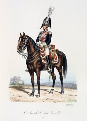 Mounted member of the Royal guard, 1814. From Histoire de la maison militaire du Roi de 1814 a 1830 by Eugene Titeux, Paris, 1890.