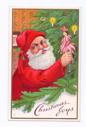 Edwardian Christmas postcard of Father Christmas adding a toy jester to a Christmas tree, c.1910 (colour litho)