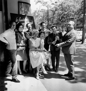French Actors and Singers Michel Lucky, Serge Lifar, Anne Flore, Renee Gilbert, Charles Dumont, Claude Nougaro and Pierre Spiers Before Charity Show For Formers Comedians May 31, 1963 (b/w photo)