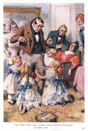 The four little girls clasped their uncle's drab shorts with their arms (colour litho)