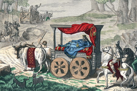lazy king in a sort of cart, 8th century, engraving from a book about Paris through the ages (1878)