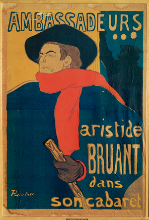 Aristide Bruant, singer and composer, on a poster announcing his performance at the elegant night-club " Les Ambassadeurs " on the Champs Elysees (litho)