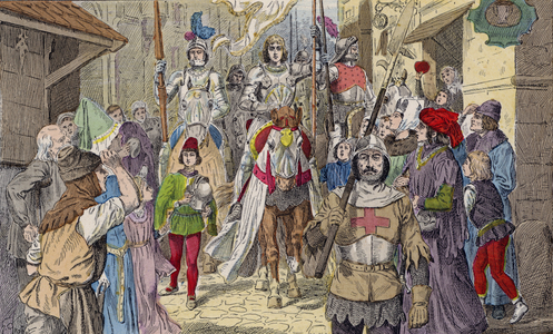 Joan of Arc entering Orleans, 1429 (colour litho)
