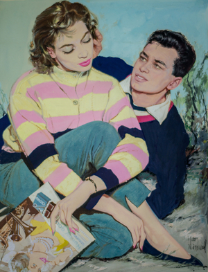 Magazine illustration of a couple, c.1956-58 (poster colour on board)