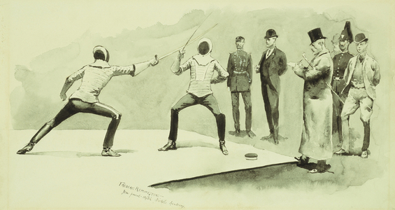 Fencing at Dickel's Academy,  (brush and black ink and pencil on board)
