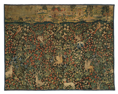 Mille fleurs tapestry fragment depicting animals, birds and landscape, c.1500 (wool)
