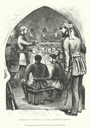 British General Sir Henry Havelock in a Burmese pagoda (engraving)