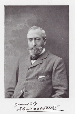 Portrait and signature of John Harbottle (b/w photo)